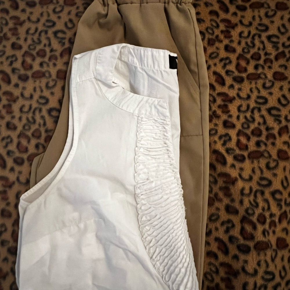 Tan pants with white blouse “Duo” Mossimo Blouse pants unknown.